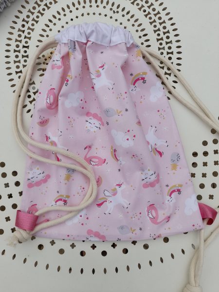 Sac à dos enfant – licorne, chat, flamant rose – rose et gris